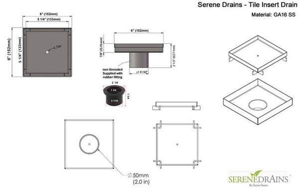 SereneDrains Tile Insert Square Shower Drain with Hair Trap Set (4 and 6 Inch Drains)