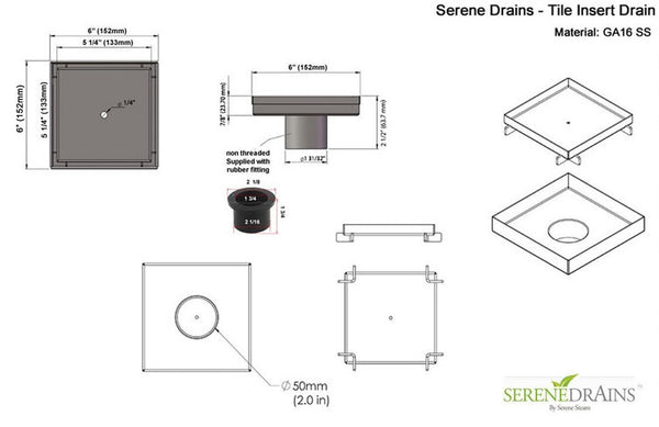 6 Inch Tile Insert Square Shower Drain by SereneDrains