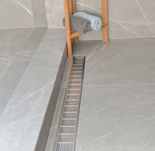 24 Inch Linear Shower Drain Polished Chrome Linear Wedge Design by SereneDrains