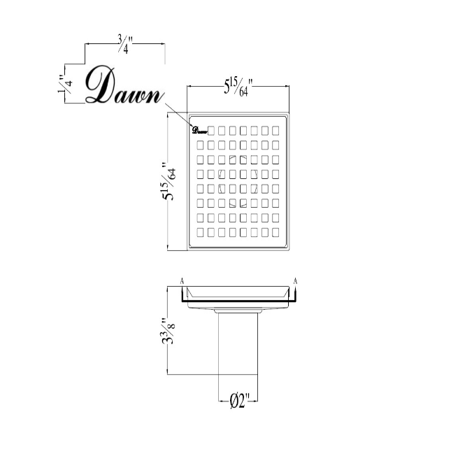 Dawn 5 Inch Square Shower Drain Brisbane River Series LBE050504 (push-in) Polished Satin Finish