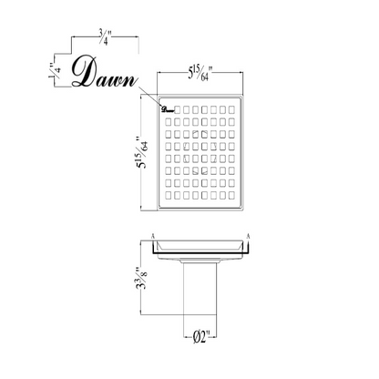Dawn 5 Inch Square Shower Drain Brisbane River Series LBE050504 (push-in) Polished Satin Finish