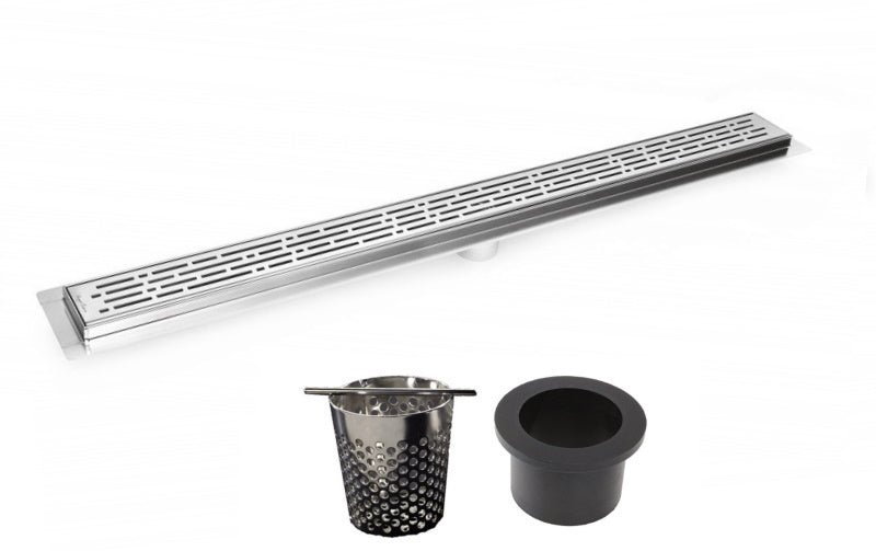 Polished Chrome Linear Shower Drain with Free Hair Trap, Broken Lane Design By SereneDrains