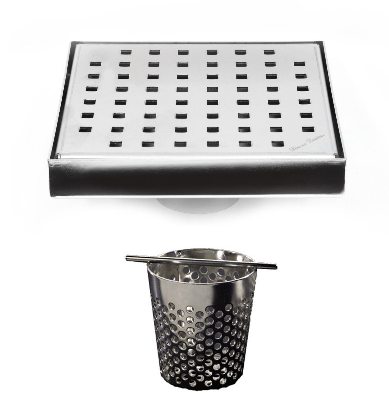 6 Inch Brushed Nickel Square Shower Drain with Hair Trap Set (2 Designs)
