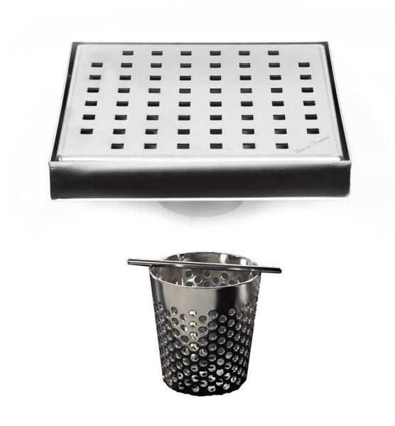 6 Inch Brushed Nickel Square Shower Drain with Hair Trap Set (2 Designs)
