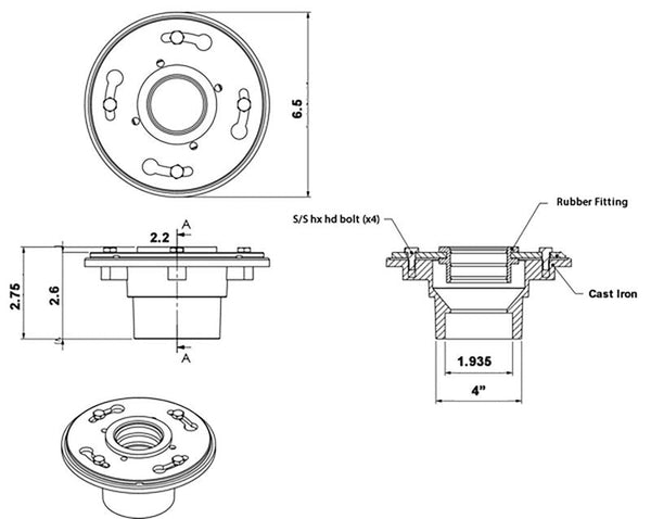 Cast Iron 4 Bolt Drain with Rubber Fitting and Hair Trap Set