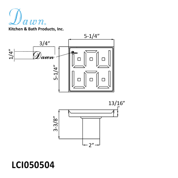 Dawn 5 Inch Square Shower Drain Congo-Chambeshi River Series LCI050504 (push-in) Polished Satin Finish