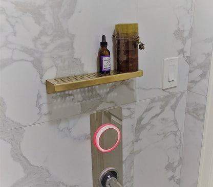 Satin Gold Shower Set: 5 Inch Tile Insert Square Drain with Gold Shower Shelf