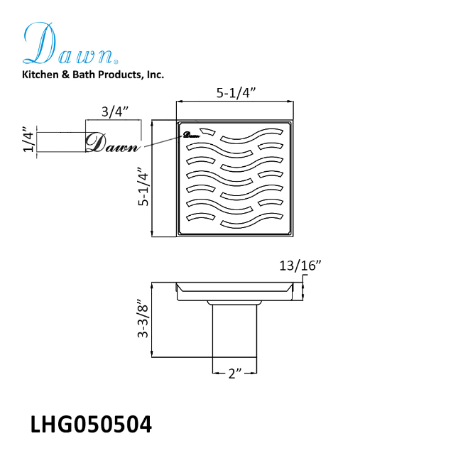 Dawn 5 Inch Square Shower Drain Heilongjiang River Series LHG050504 (push-in) Polished Satin Finish