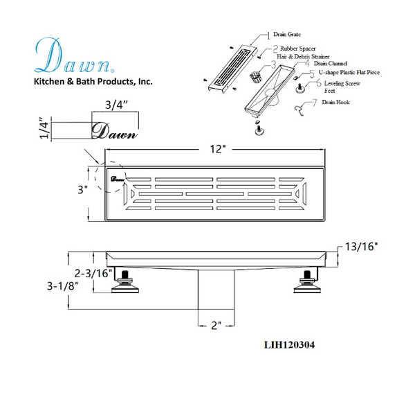 Dawn® 24 Inch Linear Shower Drain, Irtysh River Series, Polished Satin Finish
