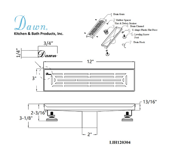 Dawn® 47 Inch Linear Shower Drain, Irtysh River Series, Polished Satin Finish