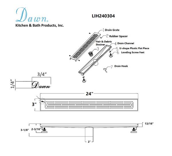 Dawn® 24 Inch Linear Shower Drain, Irtysh River Series, Polished Satin Finish