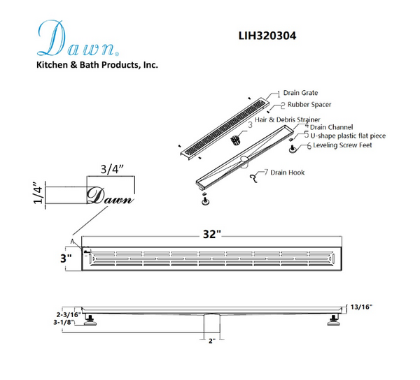 Dawn® 24 Inch Linear Shower Drain, Irtysh River Series, Polished Satin Finish