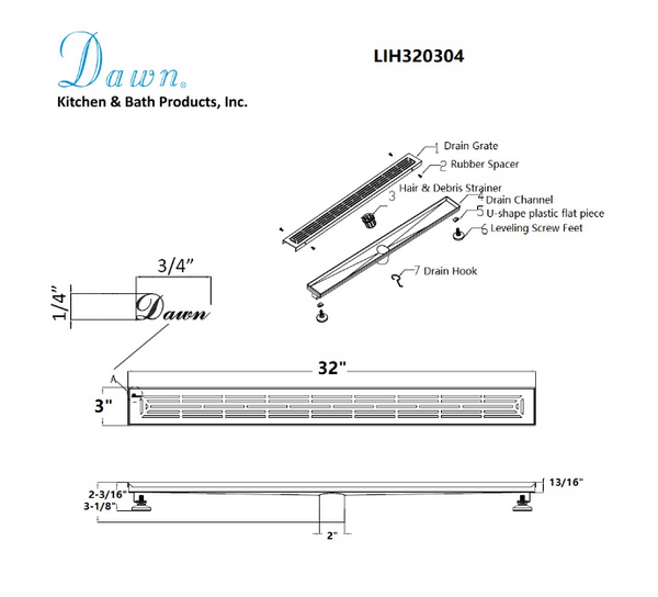 Dawn® 36 Inch Linear Shower Drain, Irtysh River Series, Polished Satin Finish