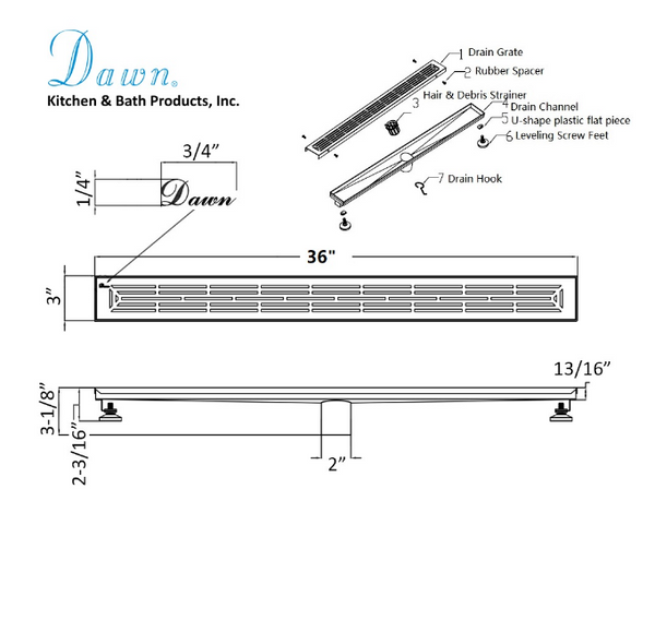 Dawn® 59 Inch Linear Shower Drain, Irtysh River Series, Polished Satin Finish