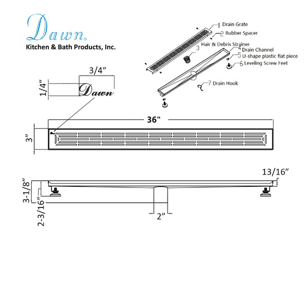 Dawn® 47 Inch Linear Shower Drain, Irtysh River Series, Polished Satin Finish