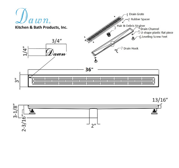 Dawn® 36 Inch Linear Shower Drain, Irtysh River Series, Polished Satin Finish
