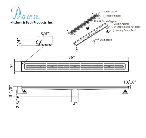 Dawn® 47 Inch Linear Shower Drain, Irtysh River Series, Polished Satin Finish