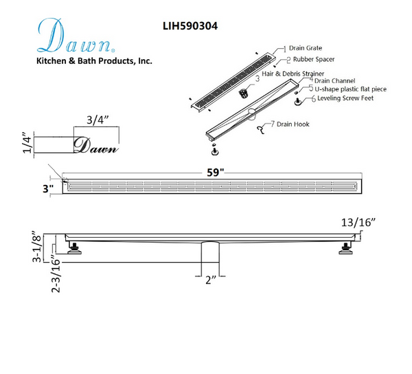 Dawn® 47 Inch Linear Shower Drain, Irtysh River Series, Polished Satin Finish