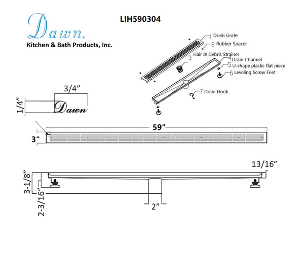 Dawn® 24 Inch Linear Shower Drain, Irtysh River Series, Polished Satin Finish