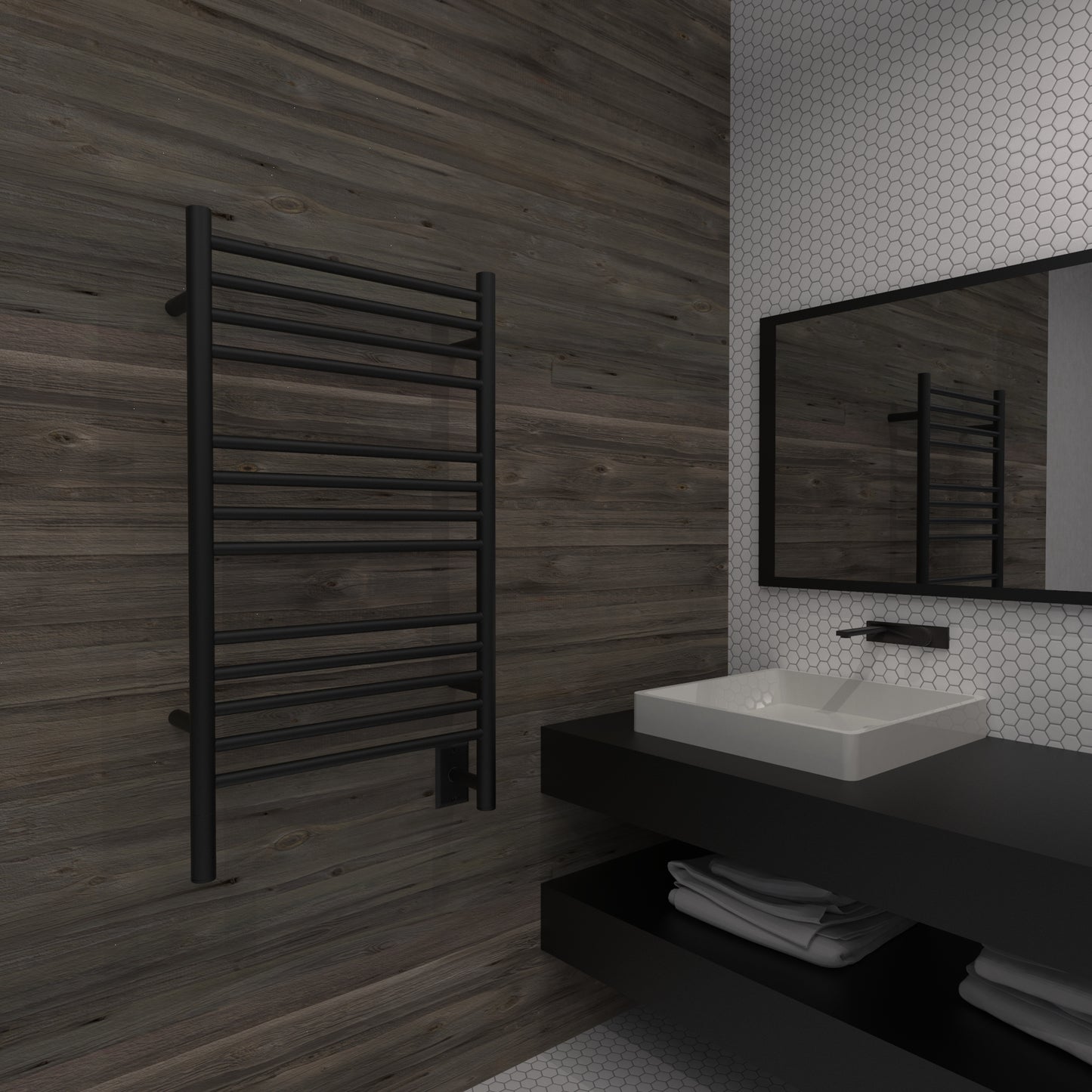 Amba Jeeves C Straight Matte Black Towel Warmer, Hardwired, 13 Bars, W 21" H 36"