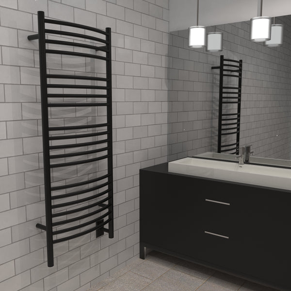 Matte Black Towel Warmer, Amba Jeeves D Curved, Hardwired, 20 Bars, W 21" H 53"