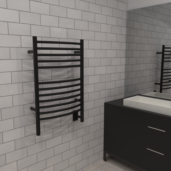 Matte Black Towel Warmer, Amba Jeeves E Curved, Hardwired, 12 Bars, W 21" H 31"