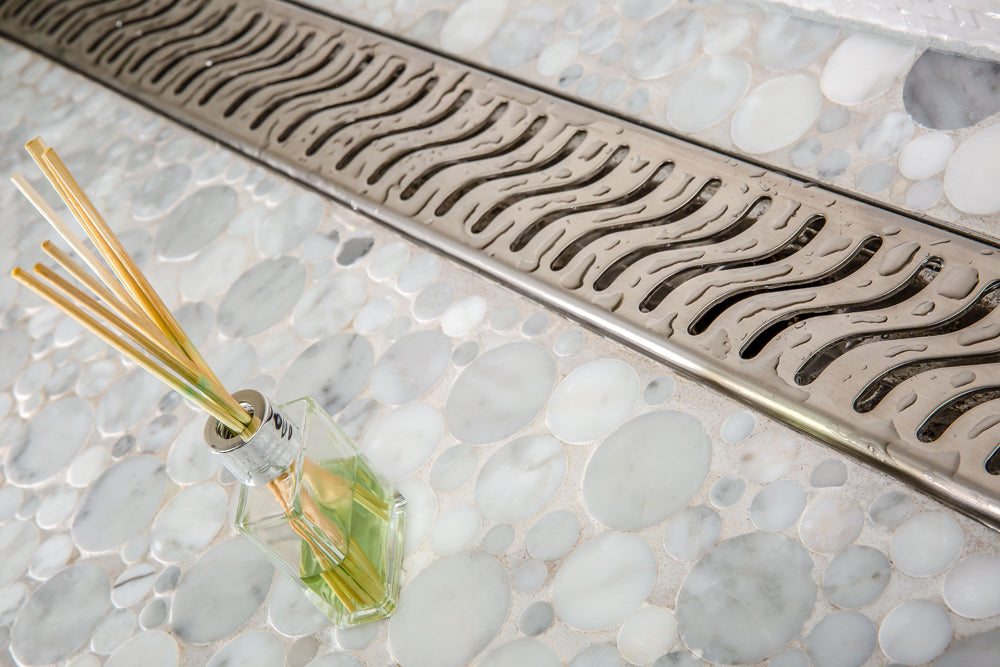 59 Inch Linear Shower Drain Ocean Wave Design by SereneDrains