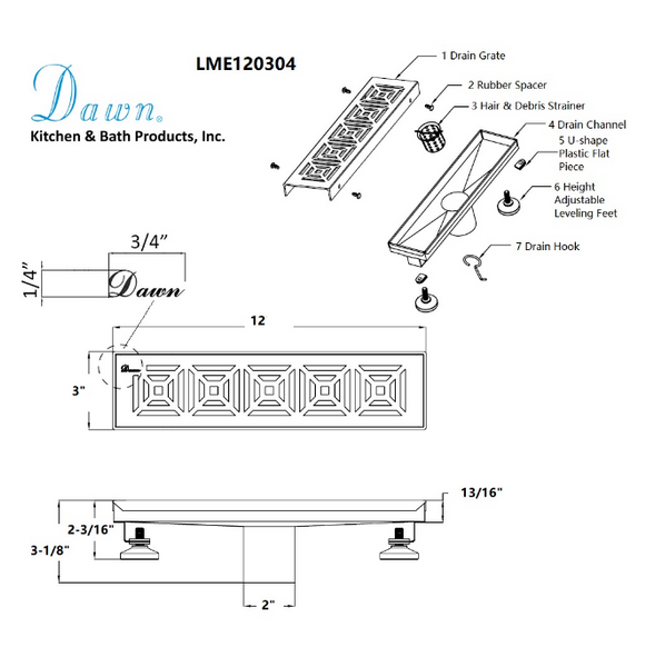 Dawn® 32 Inch Linear Shower Drain, Mamore River In Brazil Series, Polished Satin Finish