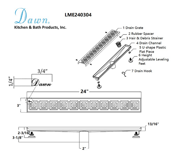 Dawn® 24 Inch Linear Shower Drain, Mamore River In Brazil Series, Polished Satin Finish