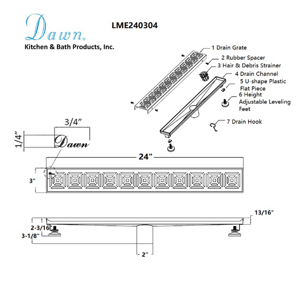 Dawn® 32 Inch Linear Shower Drain, Mamore River In Brazil Series, Polished Satin Finish