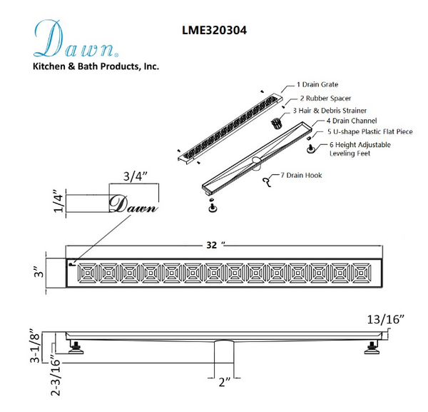 Dawn® 32 Inch Linear Shower Drain, Mamore River In Brazil Series, Polished Satin Finish