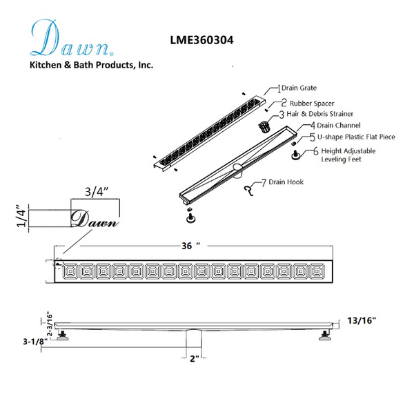 Dawn® 32 Inch Linear Shower Drain, Mamore River In Brazil Series, Polished Satin Finish