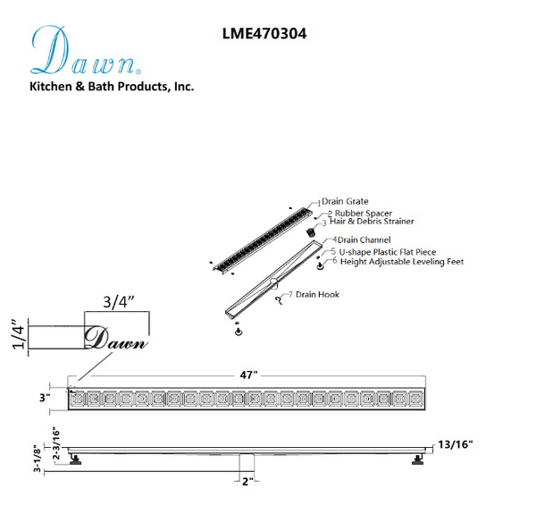 Dawn® 32 Inch Linear Shower Drain, Mamore River In Brazil Series, Polished Satin Finish