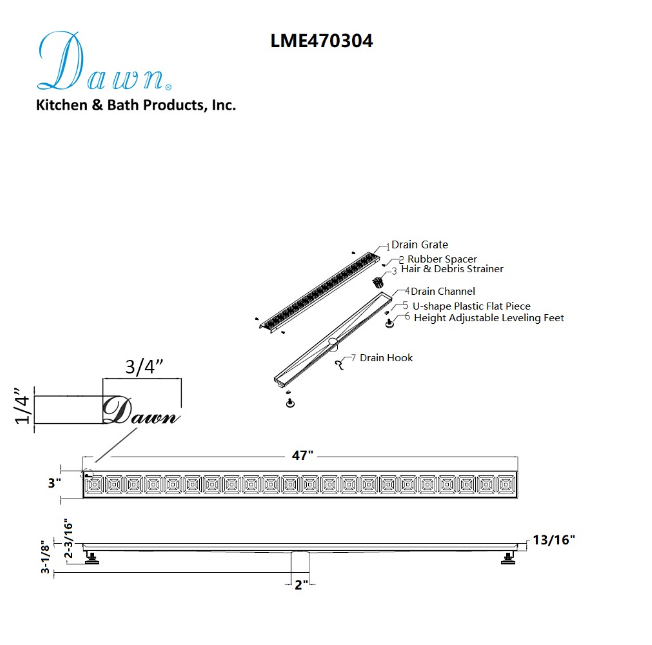 Dawn® 47 Inch Linear Shower Drain, Mamore River In Brazil Series, Polished Satin Finish