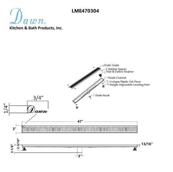 Dawn® 47 Inch Linear Shower Drain, Mamore River In Brazil Series, Polished Satin Finish