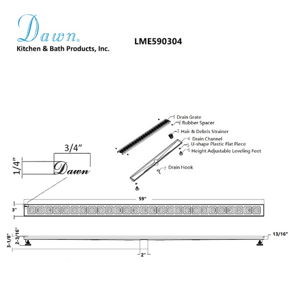 Dawn® 47 Inch Linear Shower Drain, Mamore River In Brazil Series, Polished Satin Finish