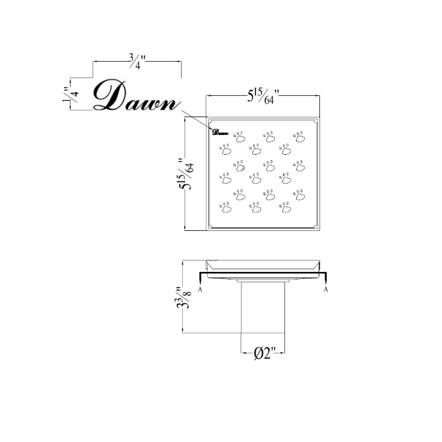 Dawn 5 Inch Square Shower Drain Memuru River Series LMU050504 (push-in) Polished Satin Finish