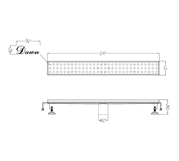 Dawn® 24 Inch Linear Shower Drain, Mississippi River Series, Polished Satin Finish