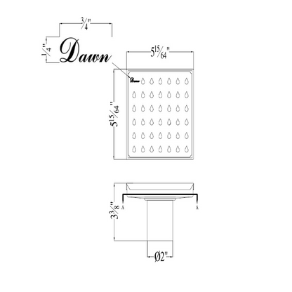 Dawn 5 Inch Square Shower Drain Nile River Series LNE050504 (push-in) Polished Satin Finish