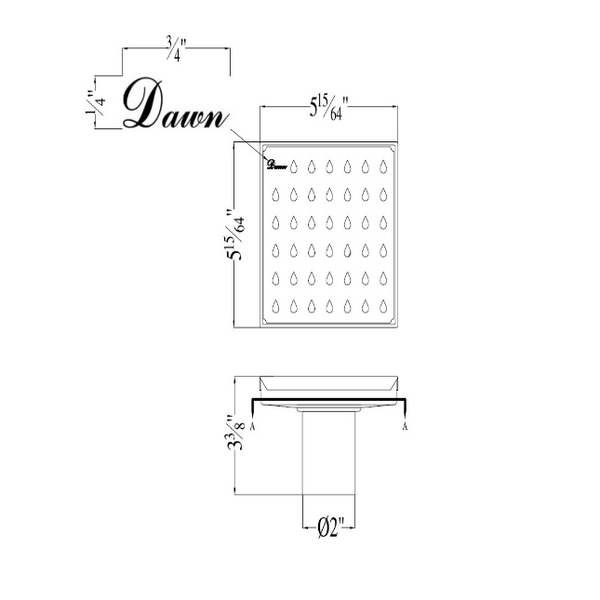 Dawn 5 Inch Square Shower Drain Nile River Series LNE050504 (push-in) Polished Satin Finish