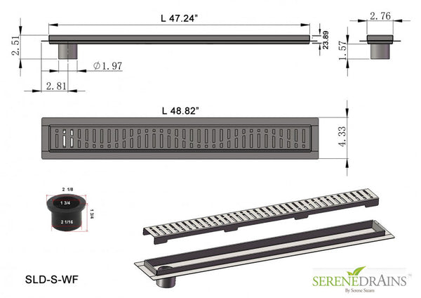 48 Inch Side Outlet Linear Shower Drain by Serene Drains
