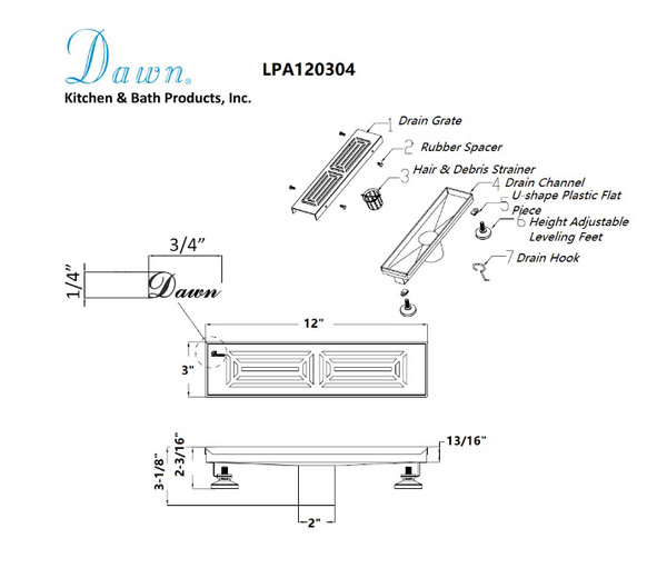 Dawn® 47 Inch Linear Shower Drain, Parana River In Argentina Series, Polished Satin Finish