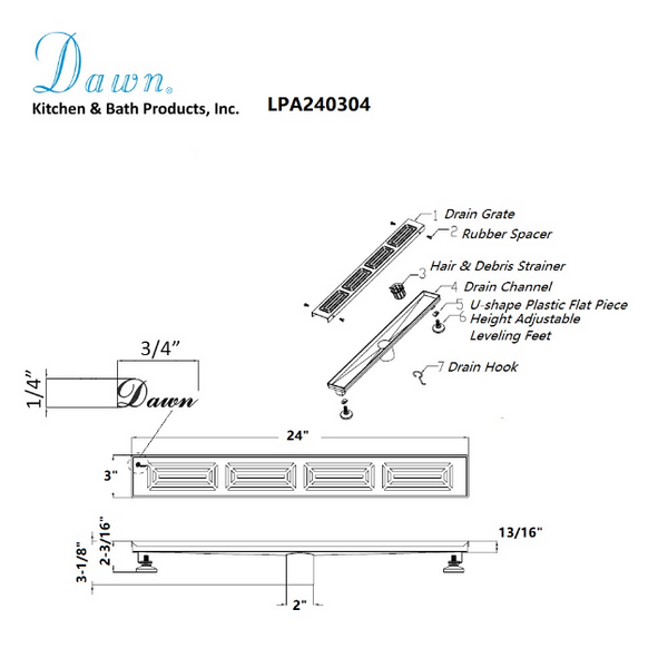 Dawn® 24 Inch Linear Shower Drain, Parana River In Argentina Series, Polished Satin Finish