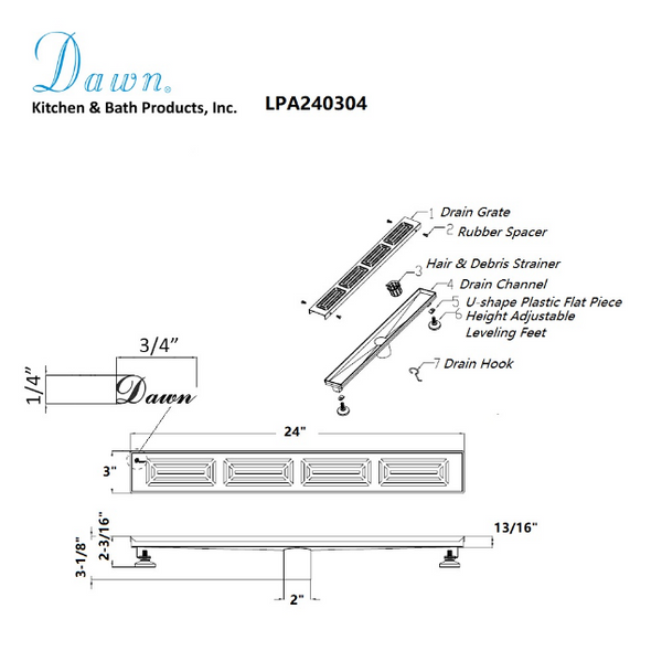 Dawn 12 Inch Linear Shower Drain, Parana River In Argentina Series, Polished Satin Finish