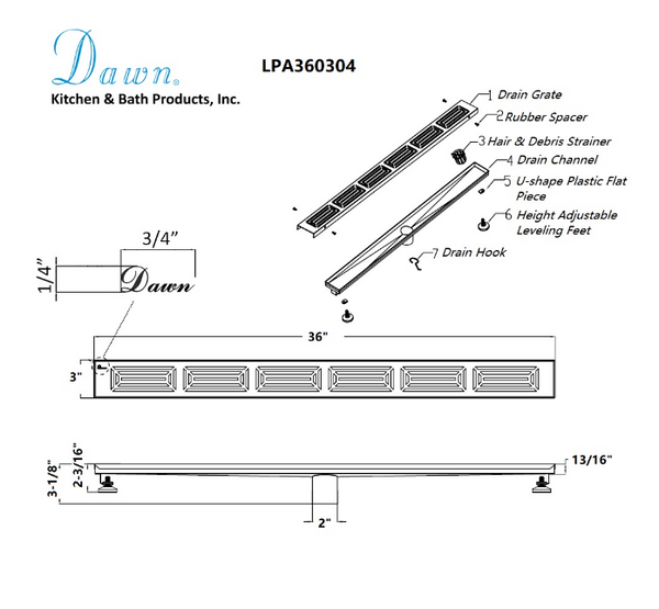 Dawn® 36 Inch Linear Shower Drain, Parana River In Argentina Series, Polished Satin Finish