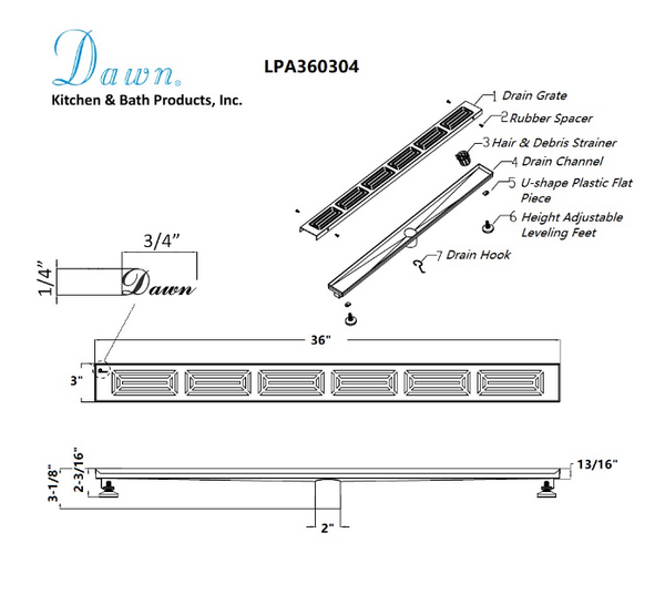 Dawn® 59 Inch Linear Shower Drain, Parana River In Argentina Series, Polished Satin Finish