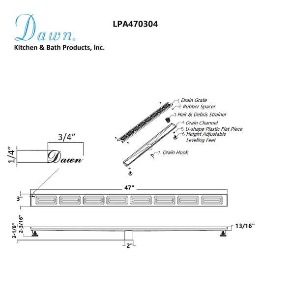 Dawn® 47 Inch Linear Shower Drain, Parana River In Argentina Series, Polished Satin Finish