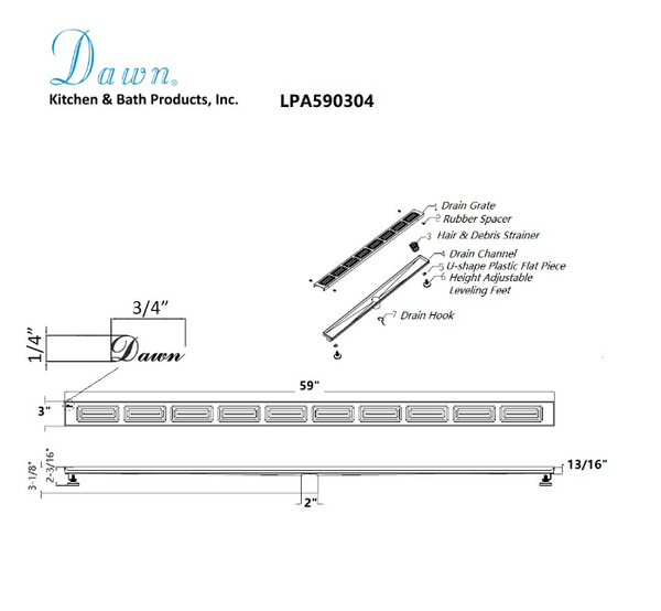 Dawn® 59 Inch Linear Shower Drain, Parana River In Argentina Series, Polished Satin Finish