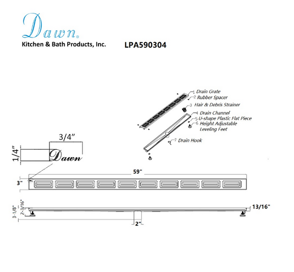 Dawn 12 Inch Linear Shower Drain, Parana River In Argentina Series, Polished Satin Finish