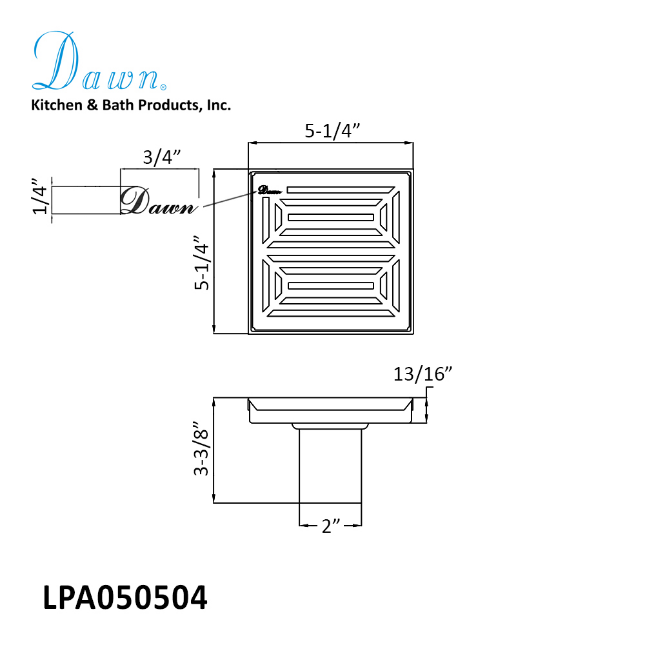 Dawn 5 Inch Square Shower Drain Parana River Series LPA050504 (push-in) Polished Satin Finish